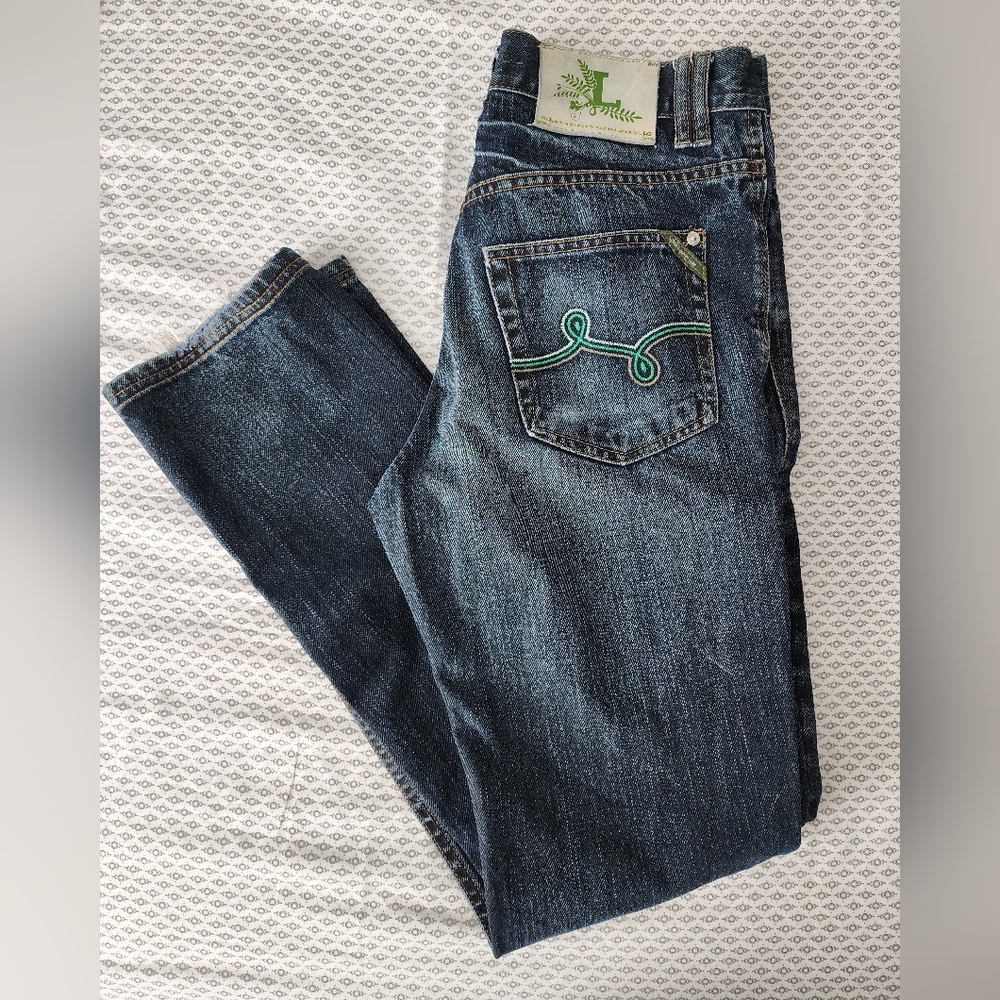 Stylish LRG Blue Jeans for Men, Green Embroidered Designs, Size 32